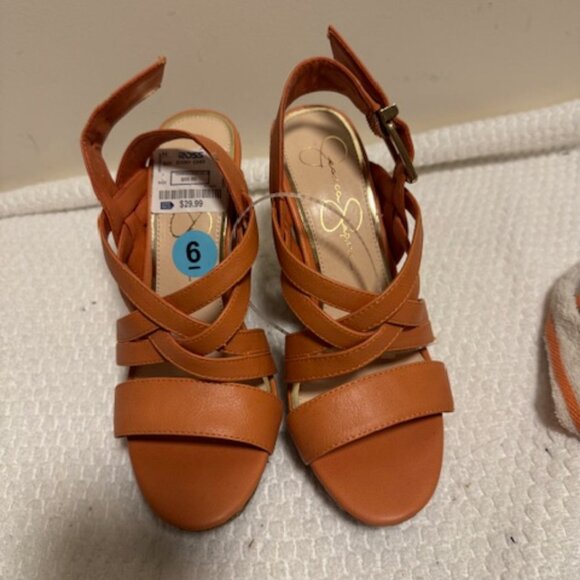Jessica Simpson Coral Orange Strappy Wedge Sandals Cork Platform Party - Picture 1 of 8